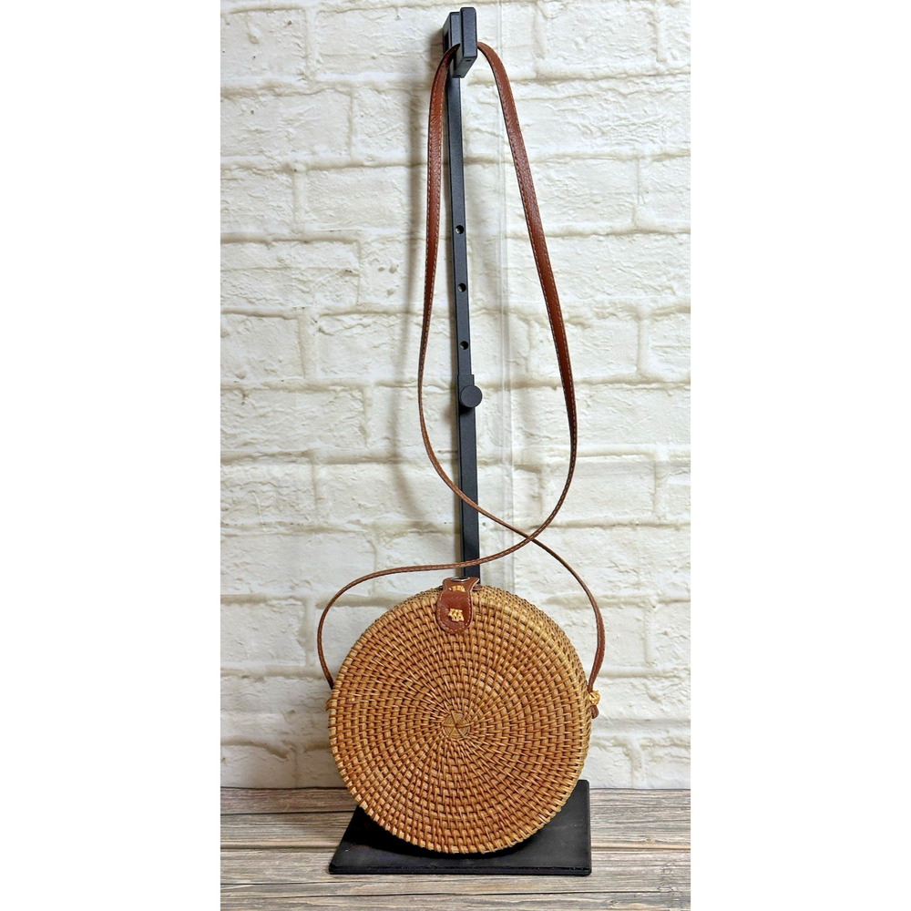 Vintage Wicker Rattan Circle Canteen‎ Style Boho Crossbody Bag Purse - Picture 9 of 16